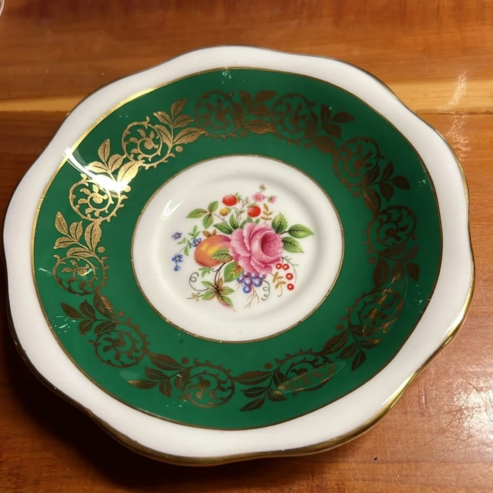 EB Foley footed Green and Gold with Fruits bone china Tea cup matching Saucer